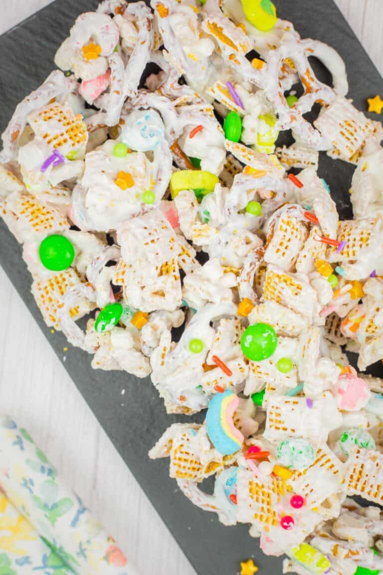 Top-down shot of a slate tray of Leprechaun Bait beside a napkin.