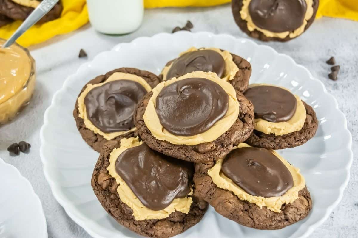 Buckeye Brownie Cookie with peanut butter frosting and chocolate topping.