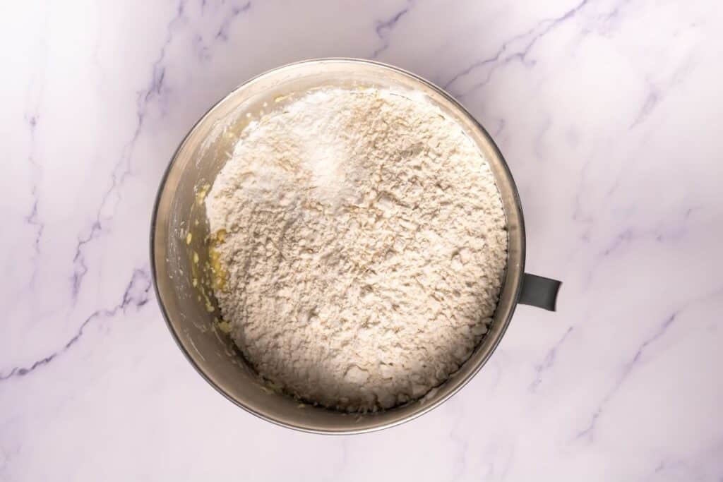 Flour and baking powder added to the mixture.