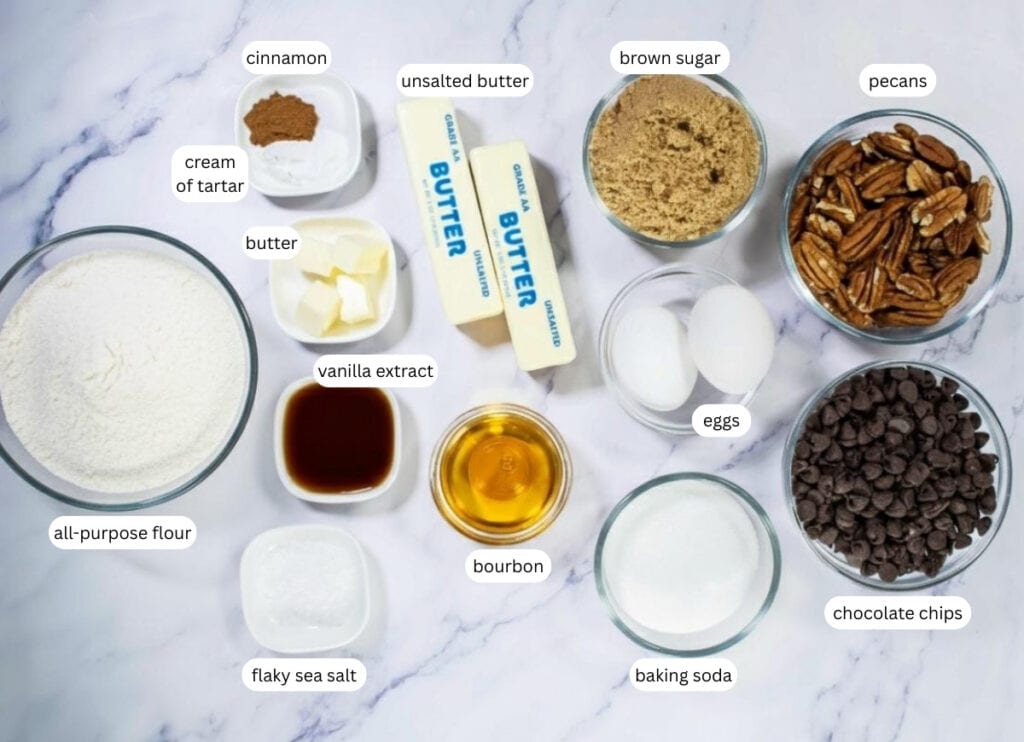 Browned butter bourbon pecan chocolate chip cookies ingredients with labels.
