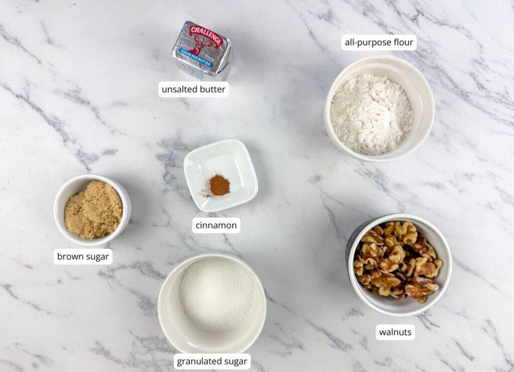 Banana Nut Muffins ingredients for topping with labels.